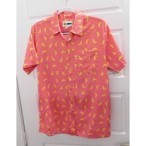 Tipsey Elves men Pink Bananas Allover Print Short‎ Sleeve Button Down Shirt Sz S